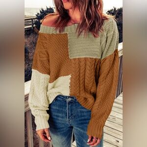 Color Block Mixed Knit Sweater Brown